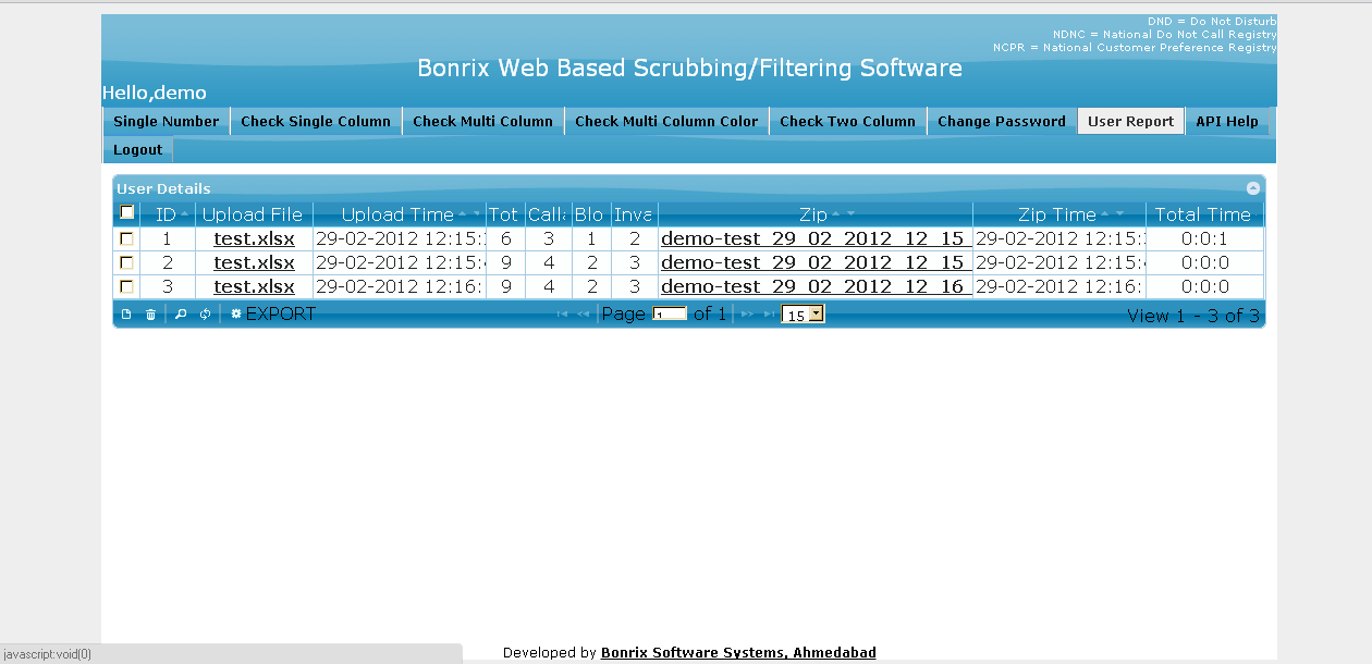 User Home Page and Report